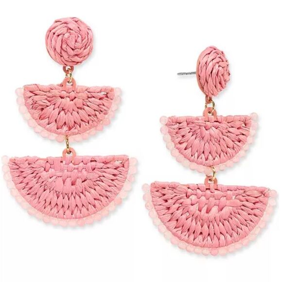 🎁Pink Woven Raffia Drop Tower Earrings Hardware Goldtone, ON 34TH - Picture 1 of 5